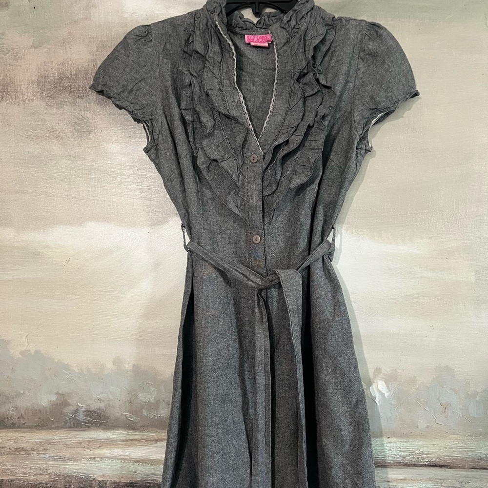 Womens Gray Ruffle-Front Belted Dress